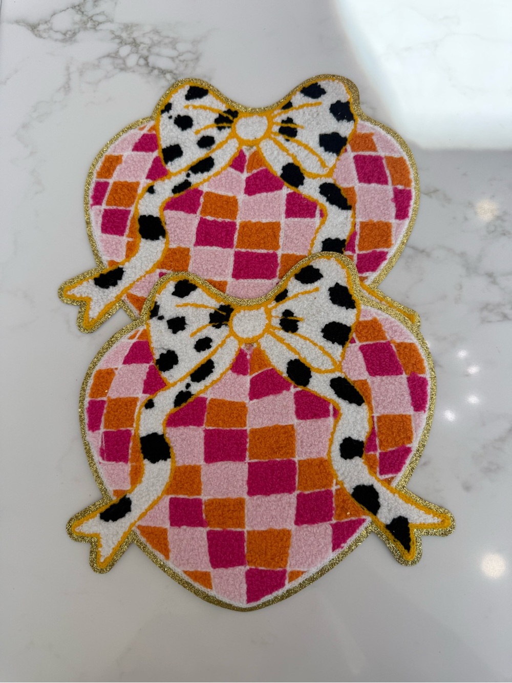 Hand Crafted Pink Orange White Checker Heart Iron On Patches